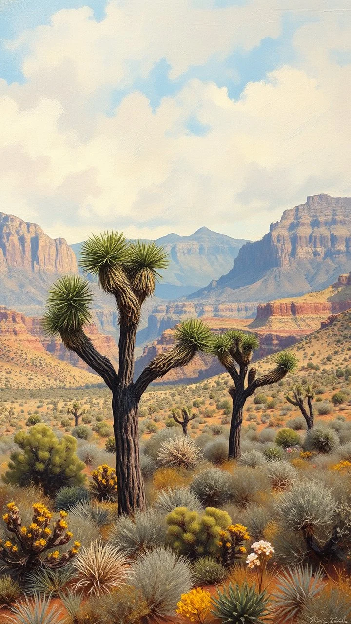 A Joshua trees surrendered by the Grand Canyon mountains the desert, in a forgotten battlefield over run by vegetation, cutesy tiktok detailed oil painting, grainy, old style
