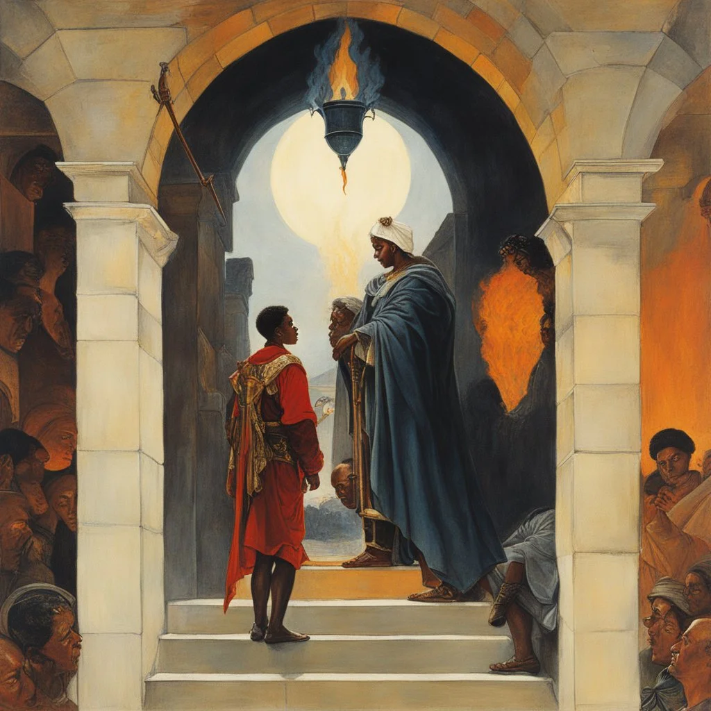 [art by Norman Rockwell] With newfound determination burning in his eyes, Roupinho stepped back, his gaze lingering on the statue of the Black Madonna. Leaving the grotto, Roupinho emerged into the world, his heart aflame with the divine spark that had been ignited within him. And so, the knight set forth on his sacred quest, his destiny intertwined with the miraculous presence of the Black Madonna of Nazaré. The echoes of his pledge reverberated through the hallowed halls of his soul, ignitin