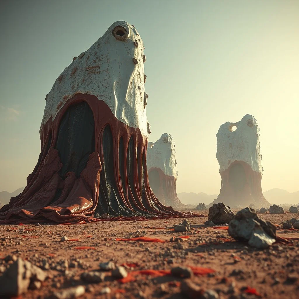 A striking quality close-up photograph captures a surreal wasteland a surreal wasteland on which gigantic immense enormous structures of indefinite shape stand, made of various materials, covered with silver, red, black plastic material, which descends to the ground, spooky, creepy, details of the dust very accentuated, glossy, organic, adorned with minerals and rocks. Bathed in feeble light, eerie, James Ensor style, volumetric light, octane render, hasselblad h6d400c --ar 85:128 -- v6