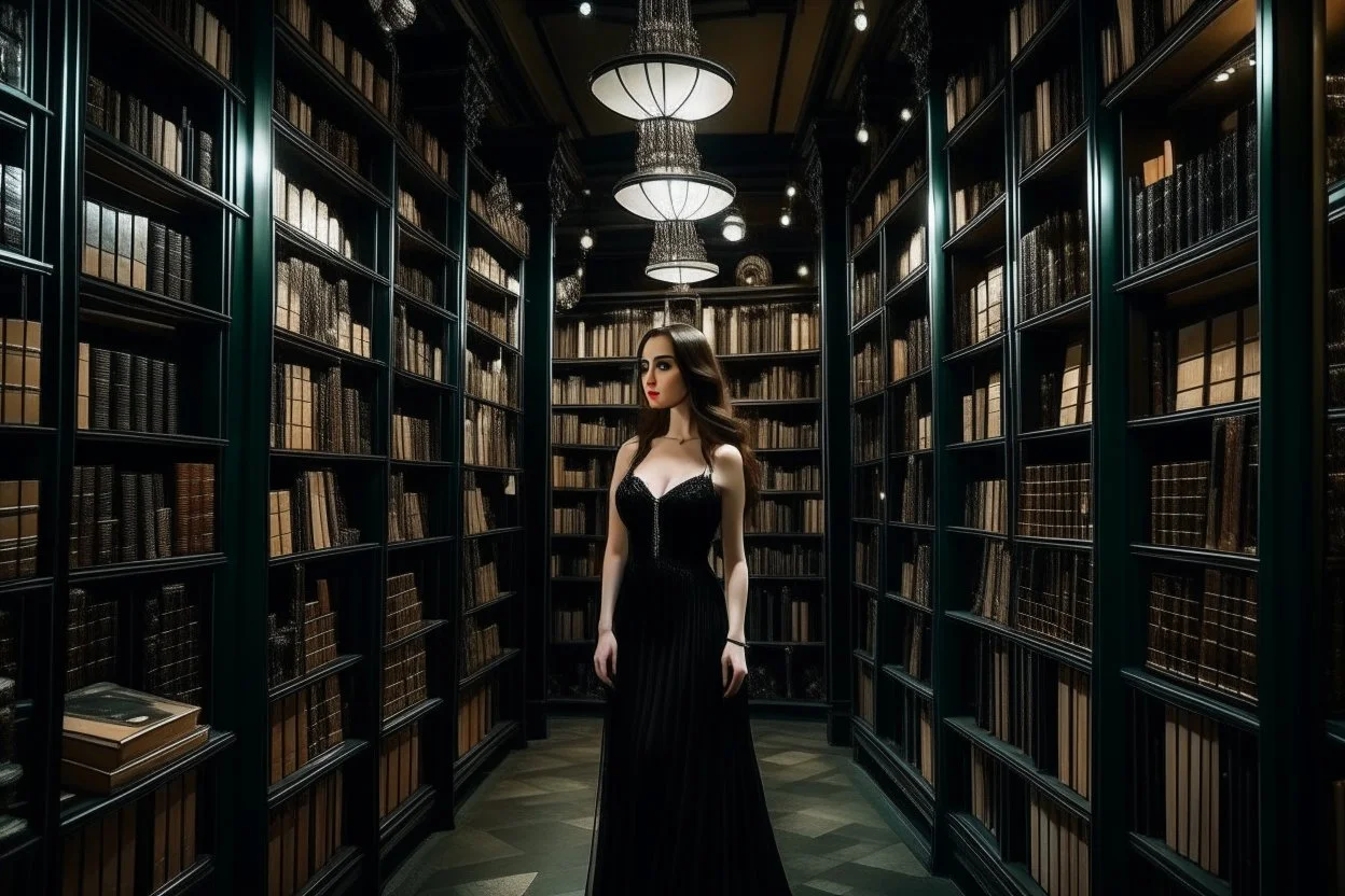 full-height shot of a woman in a tight black dress, inside a large magic book shop, shelving, lights, books, bottles, windows