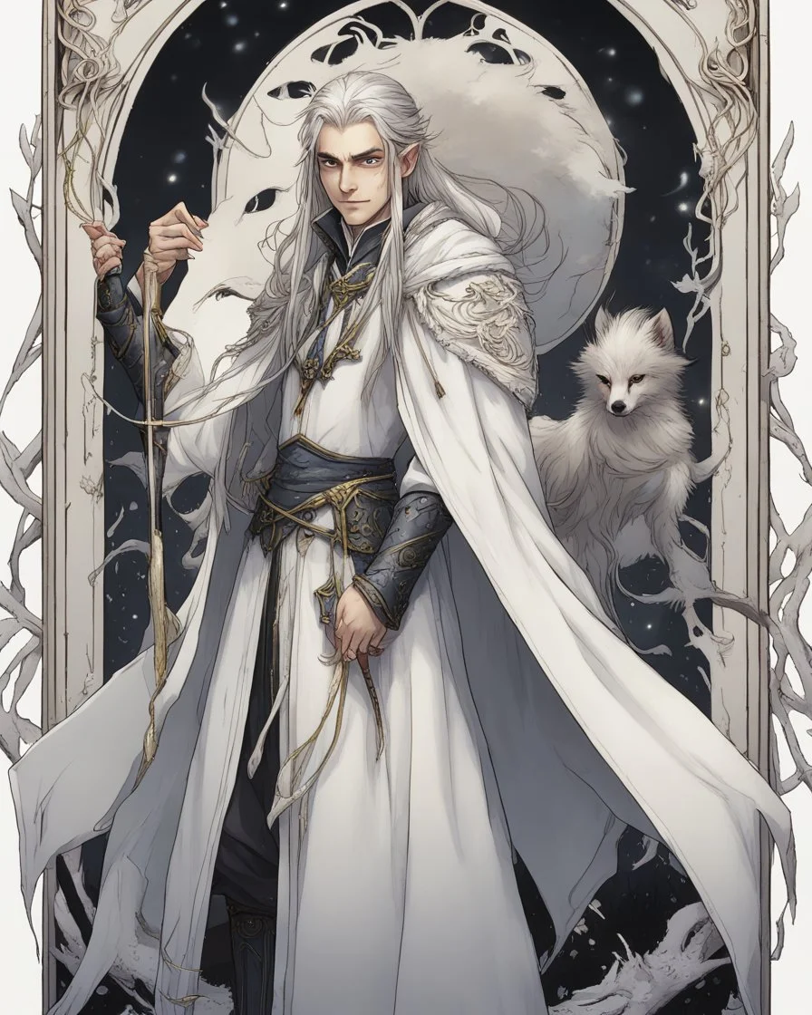 a young High Elf frost Wizard with long wiry hair, wearing a black trimmed white nobleman's robe and frost ornaments on clothes, with a small weasel on his shoulder