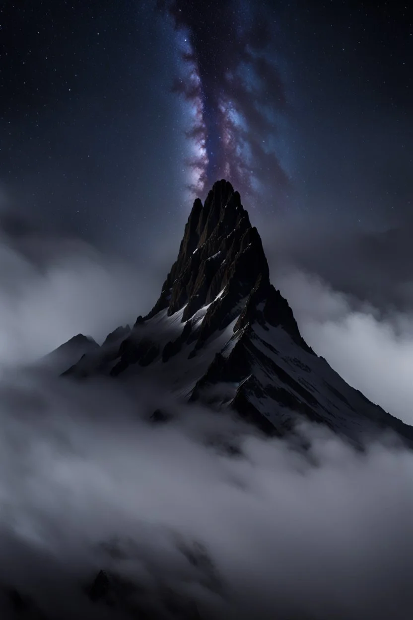 one single mountain sharp face rises out of the misty foreground into the night sky background.