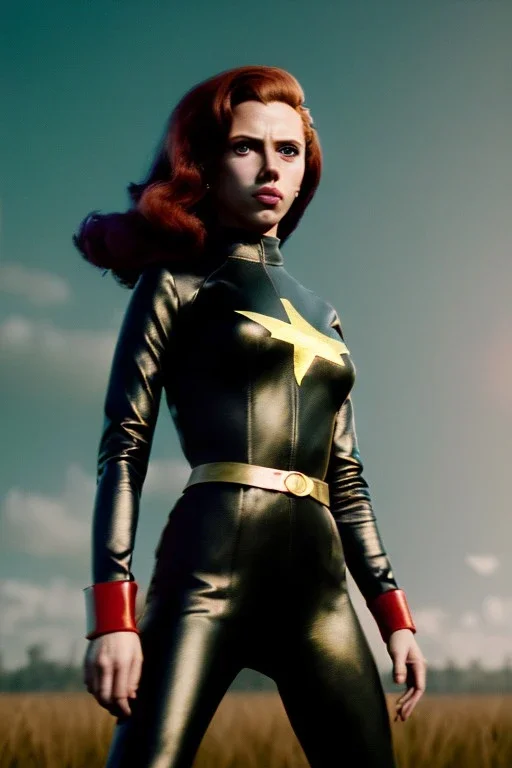 retro portrait image from 1960, sky background, wind, long red hair, fighting stance, sweet young Scarlett Johansson, black dress, classic long tight lycra black suit, gold bracelet and belt, high heel boots, superhero style, soft color, highly detailed, unreal engine 5, ray tracing, RTX, lumen lighting, ultra detail, volumetric lighting, 3d, finely drawn, high definition, high resolution.