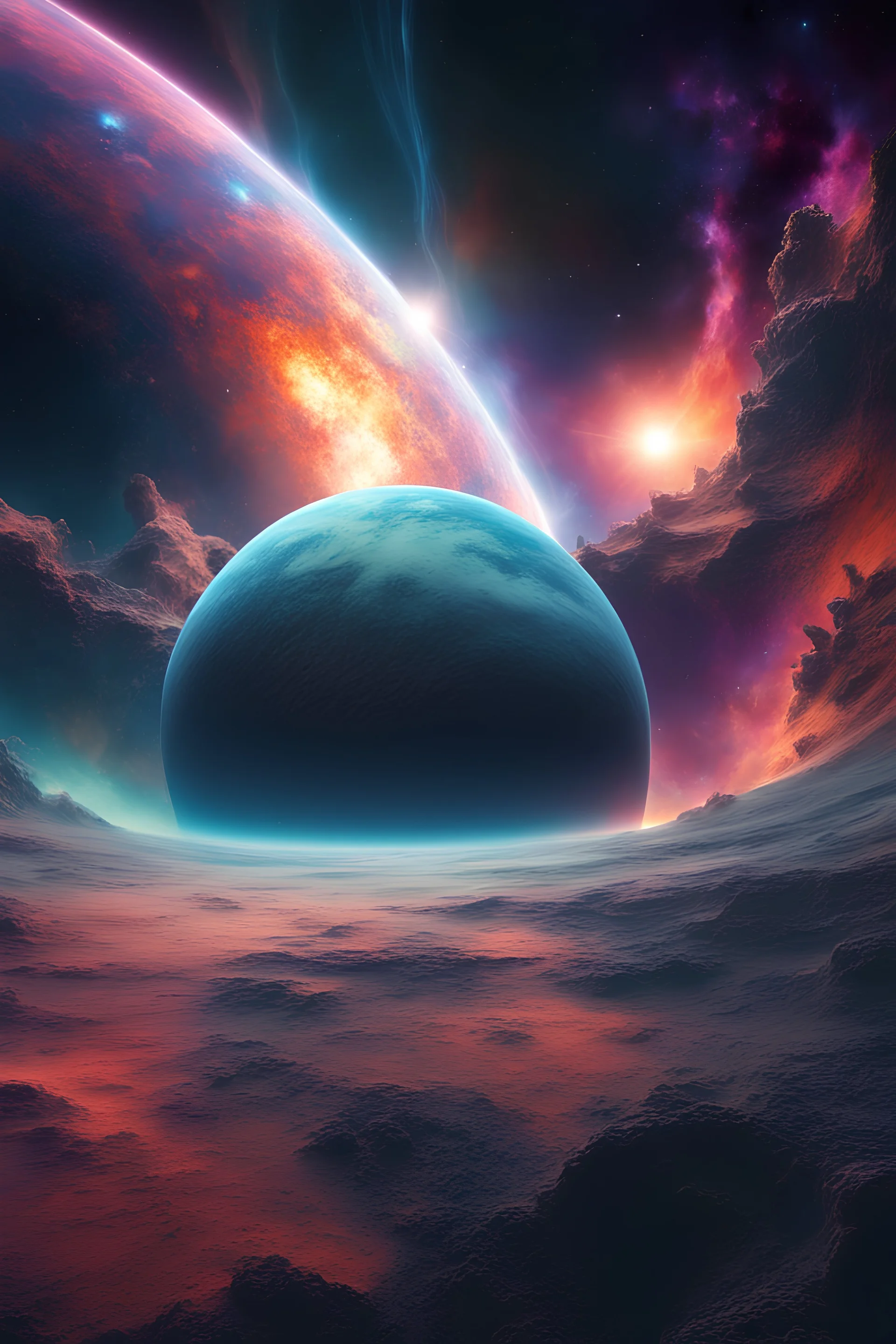 Spectacular view of planet landscape, pacific alien live together, planet landscape, nebula in background, cosmic black and iridescent, split perspective, Neo-baroque digital glitch art, hyper detailed NASA images, photorealistic