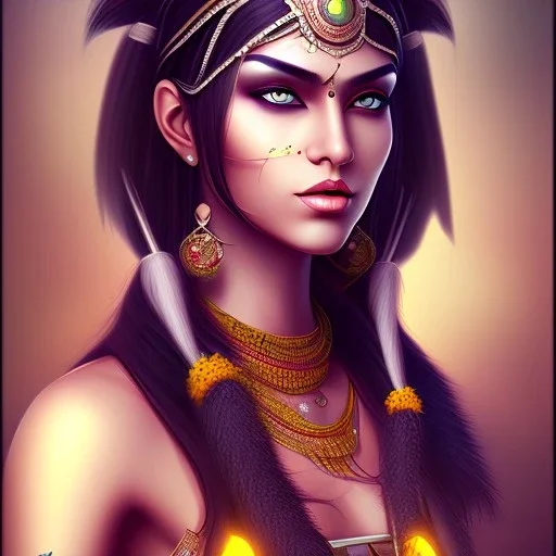 fantasy setting, indian woman half-hawk haircut, black hair