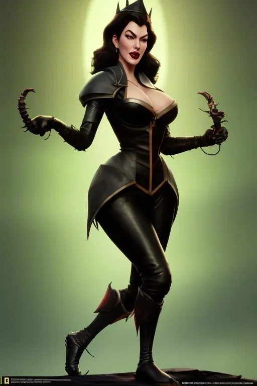 Ava Gardner as evil queen in black leather, busty, cleavage, curvy, angry, stern look. character design by cory loftis, fenghua zhong, ryohei hase, ismail inceoglu and ruan jia. unreal engine 5, artistic lighting, highly detailed, photorealistic, fantasy