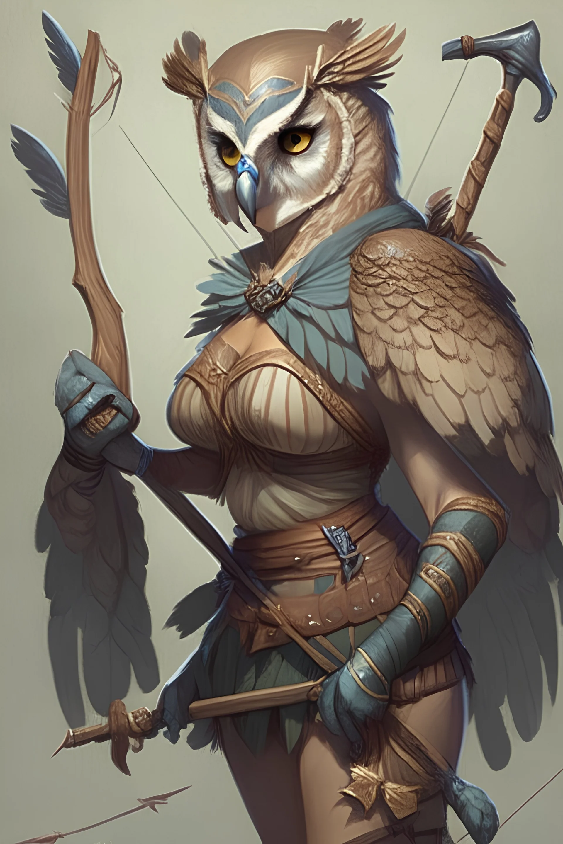 A large breasted aarakocra D&D 5e character. She is an owl and usign a bow and arrow.