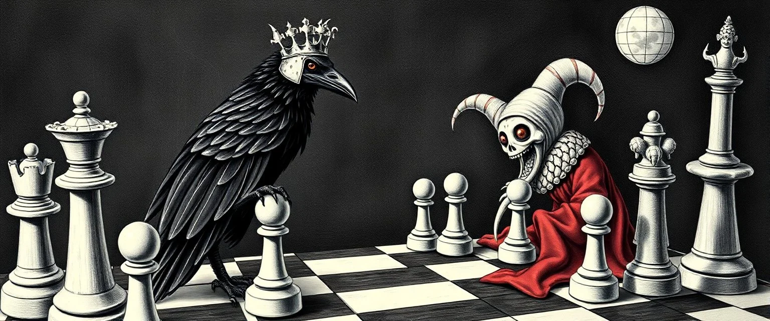 chess board crow knight with cat o nine tails, wearing mirror hat, climbing ladder, in front of chalk art clown vampire, cthulhu bed sheets, in the style of escher