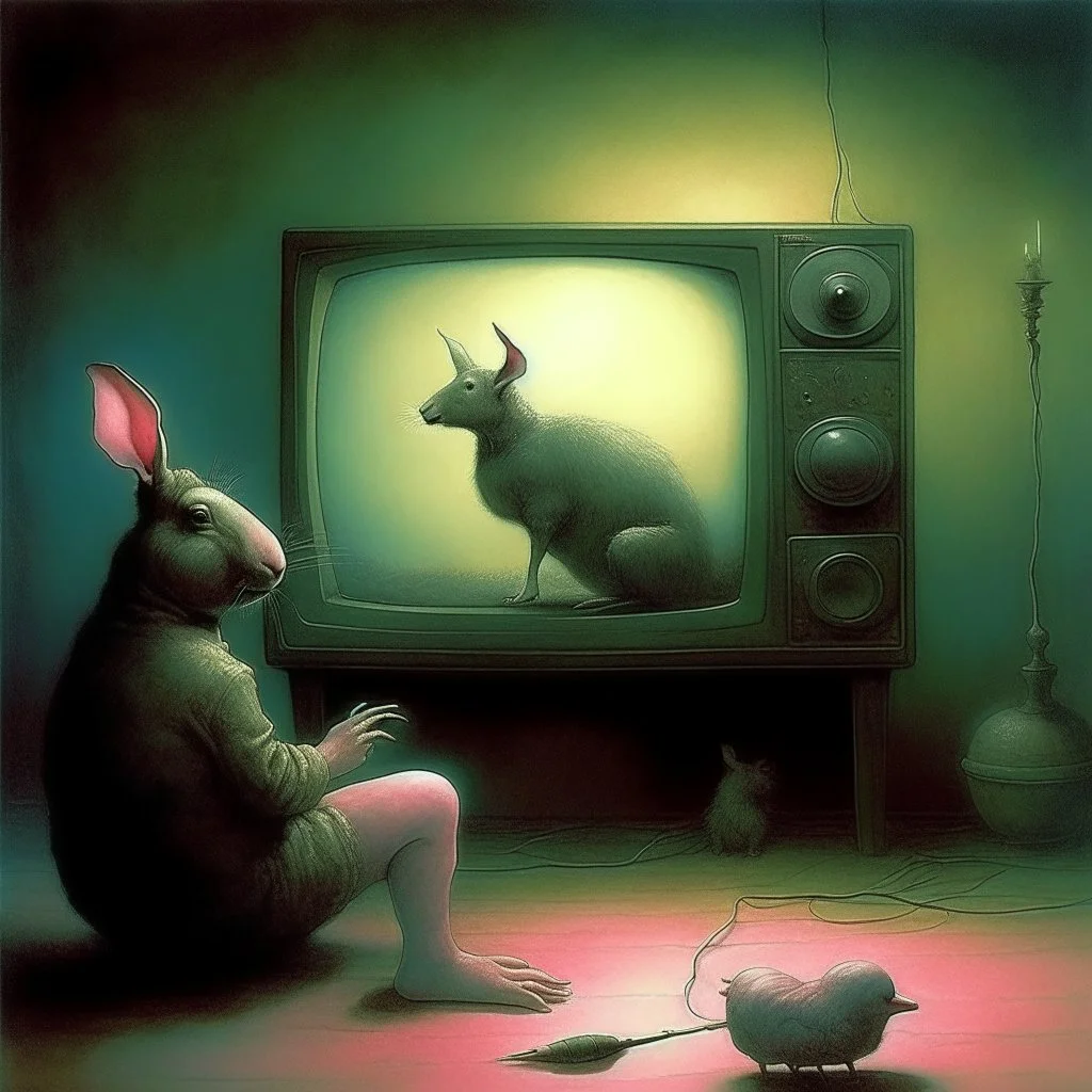 pig watching a tv with a rabbit playing music beksinski style