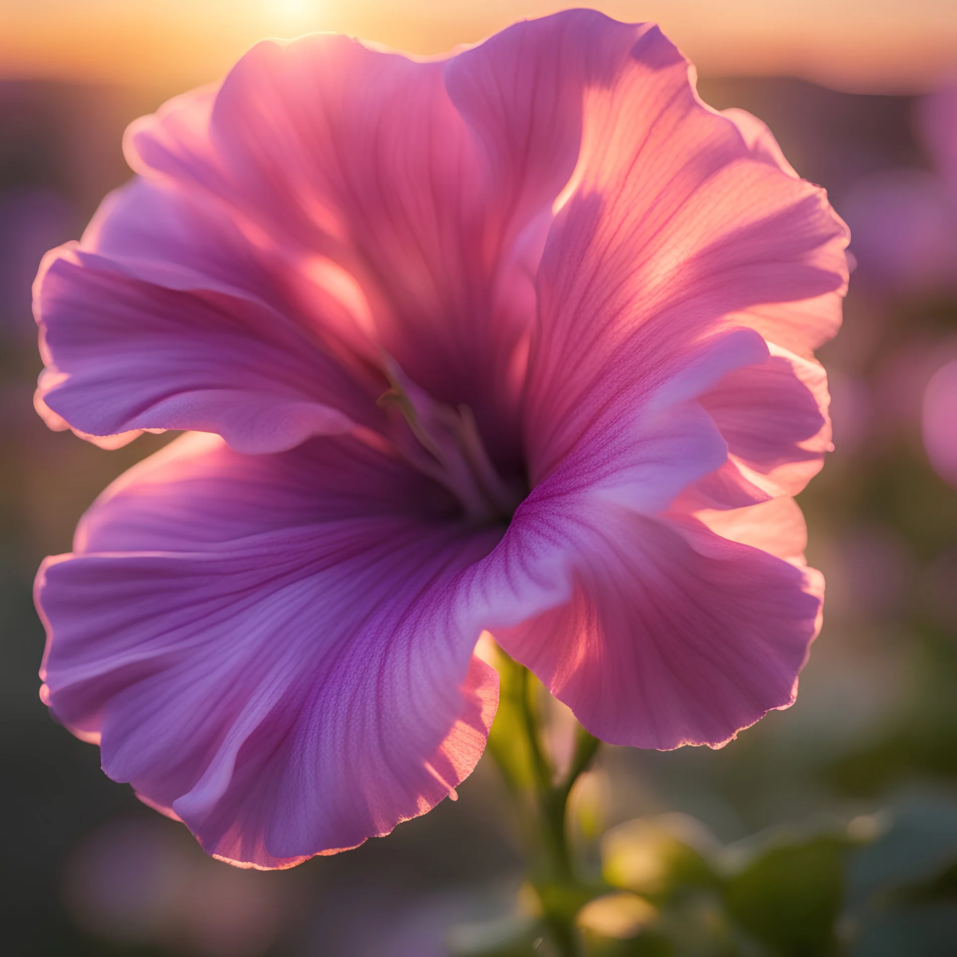 Petunia at sunset, backlight, blurred background, close-up