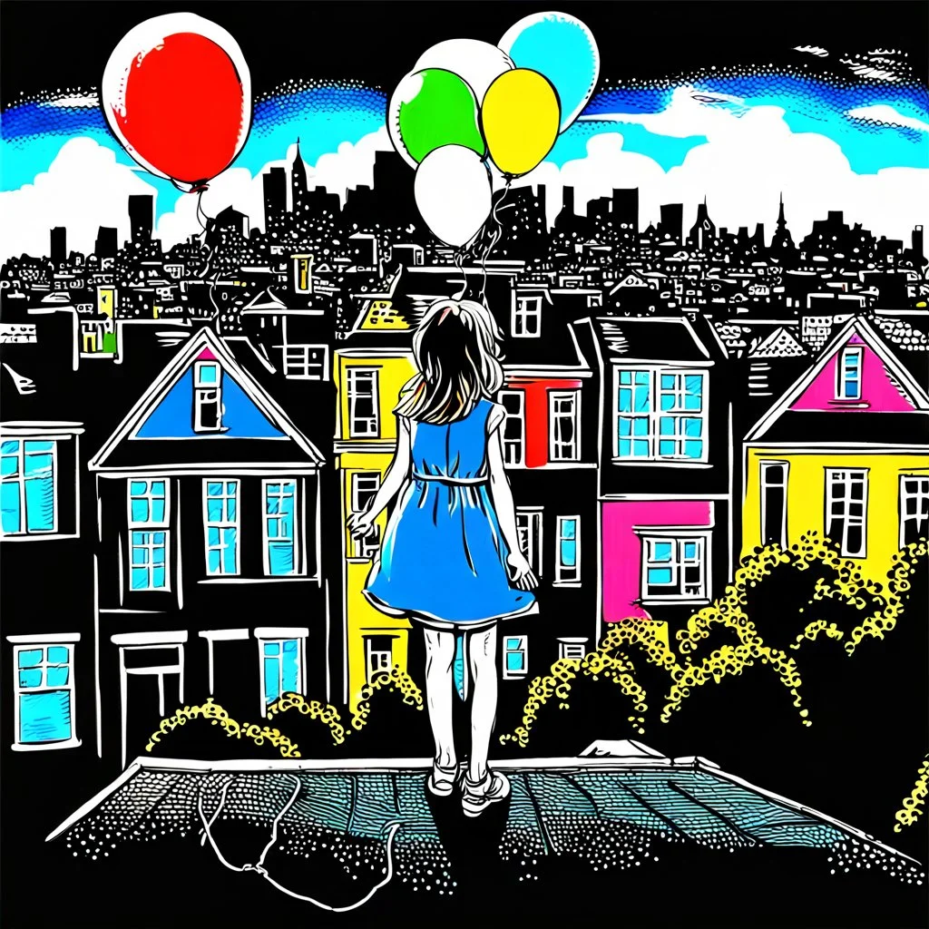 A girl in a blue dress standing tippy toe on the roof of building in chalk-drawn cityscape on a black board, holding a bunch of colorful primary colored balloons.She is standing on the roof of one of the houses, She appears carefree, soaring amidst the whimsical, artistic backdrop of houses.
