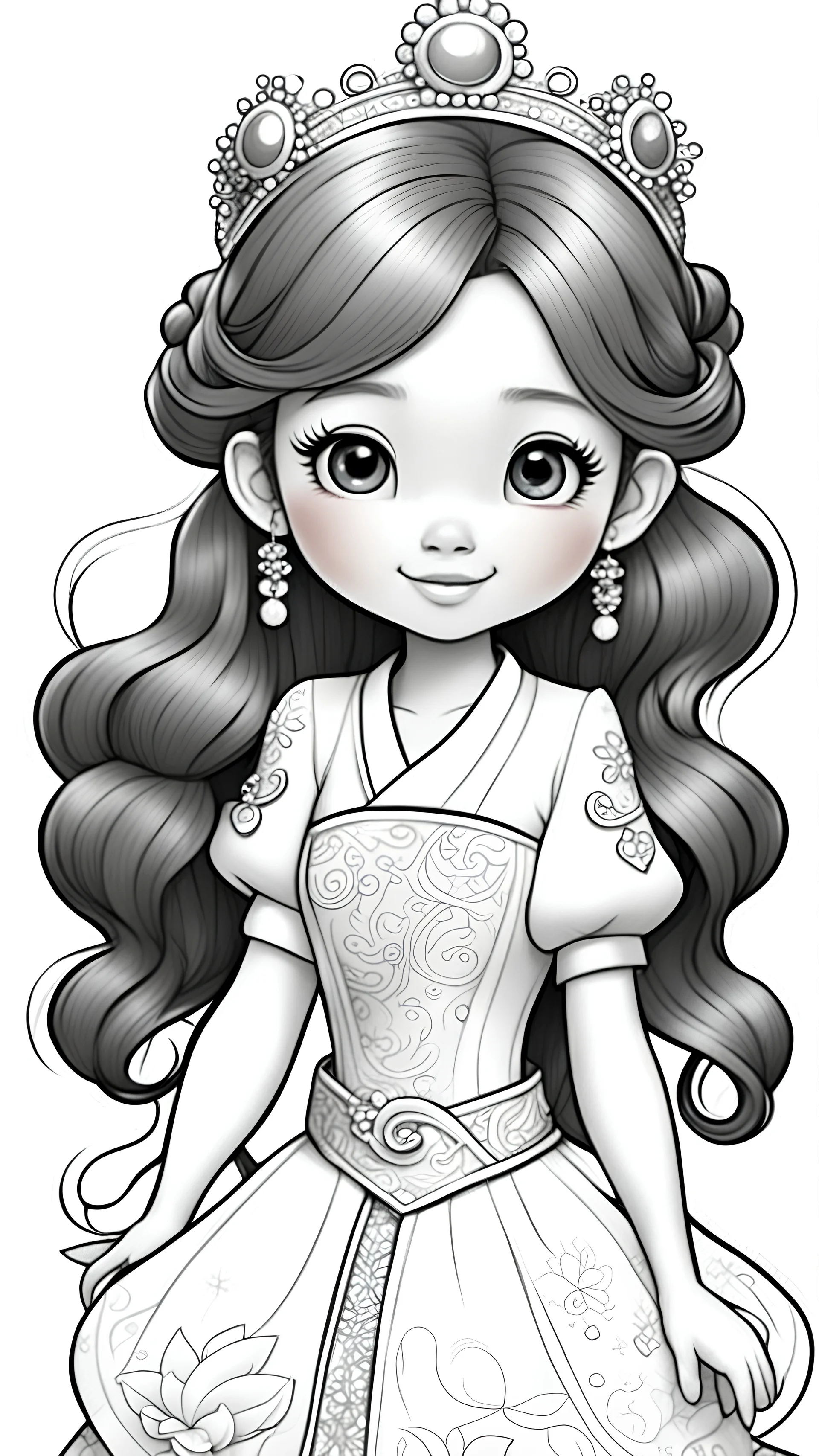 black and white, ((white background,)) coloring drawing page, cartoon, style pixar, line art, All body, beautiful cute princess Chinese, with cute hair and eyes, sparkles,