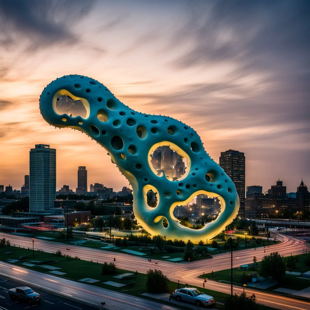 a giant Amoeba eating detroit, late evening,