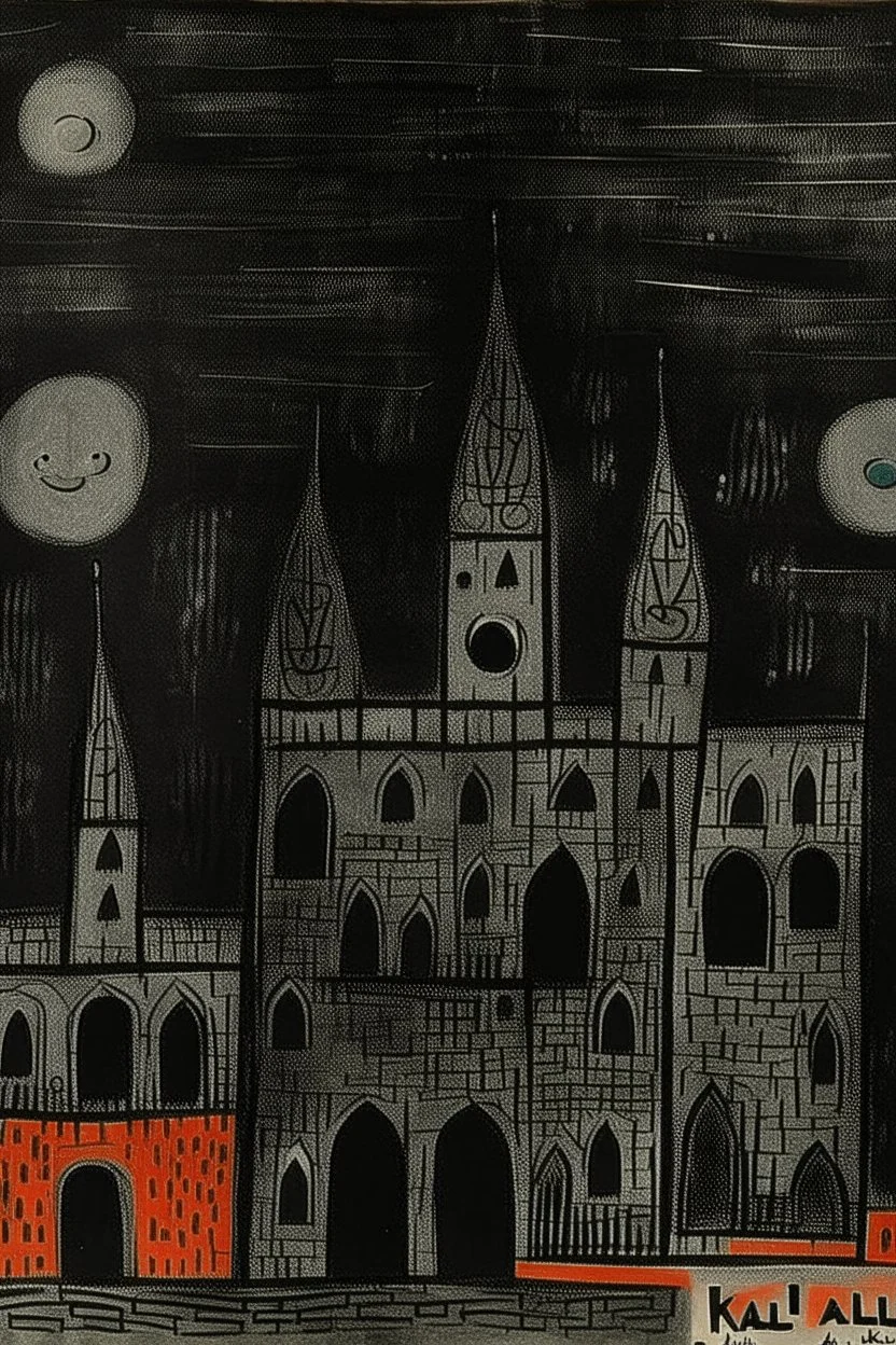 A black haunted castle with ghosts painted by Paul Klee