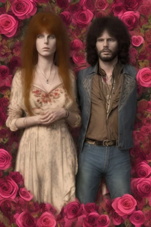 Jim Morrison and Pamela Courson ,music, ignoreNSFW, watermark, bohemian style , blurry,beautiful,elegant,roses, fantasy by anni dittman