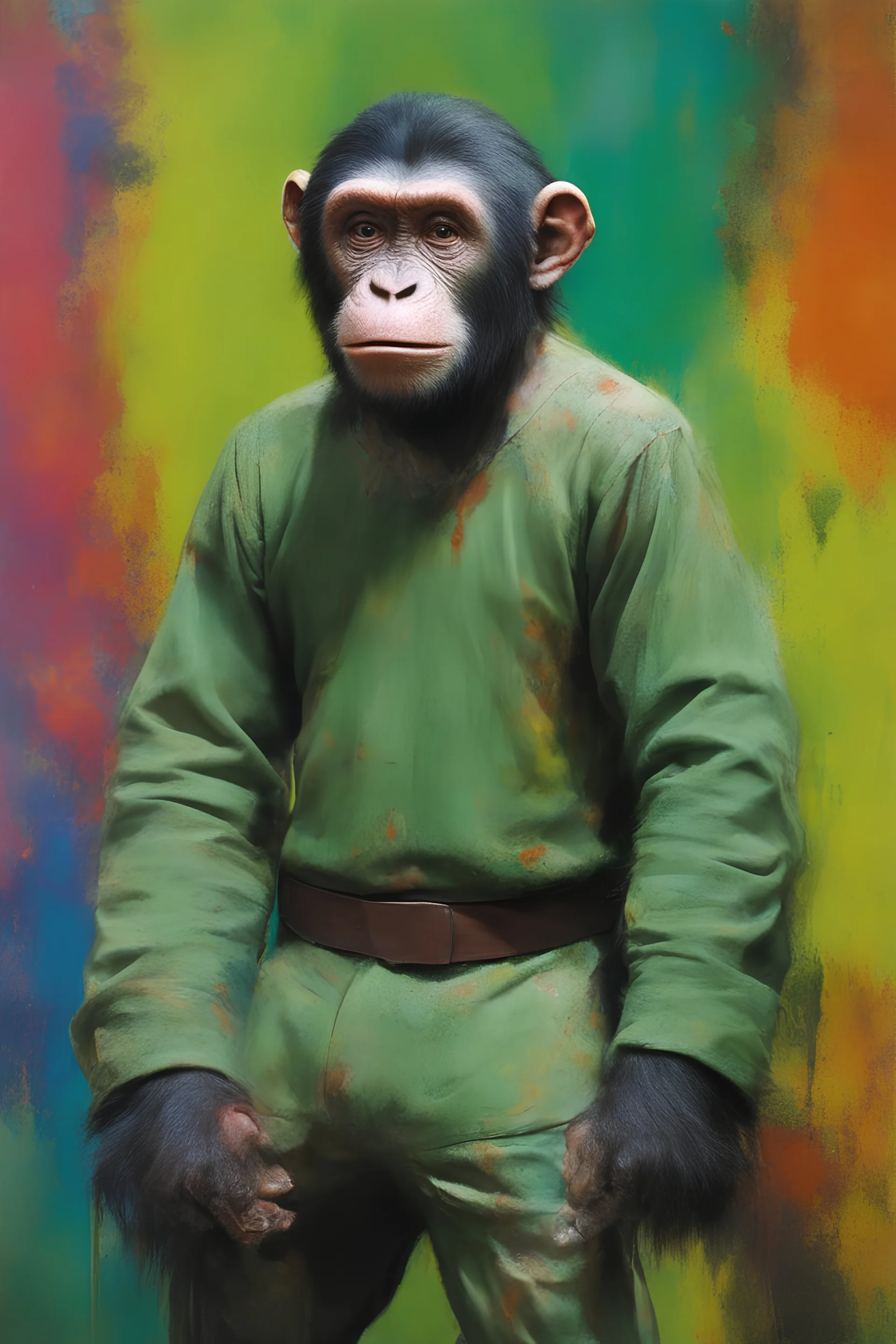 Roddy McDowall as Cornelius the chimpanzee from Planet of the Apes wearing a thick green cotton tunic and trousers - extremely colorful, multicolored paint splattered wall in the background, oil painting by Leonardo da Vinci