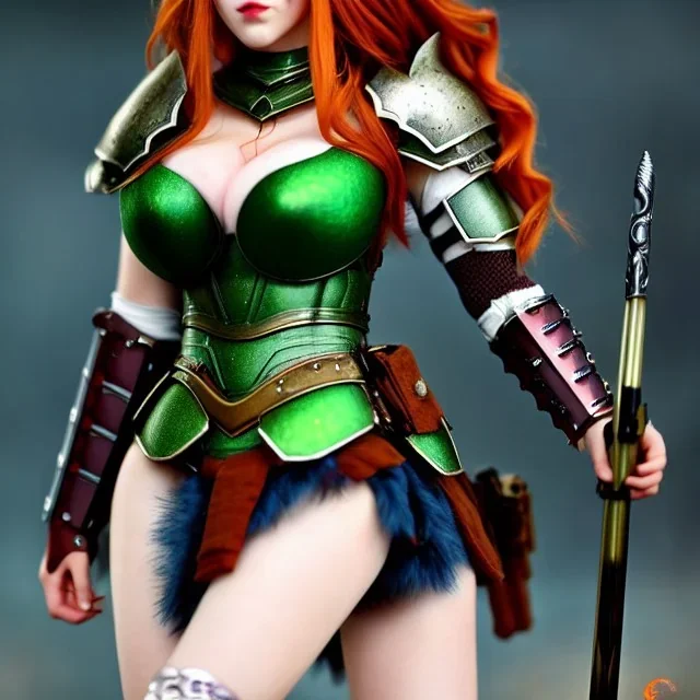 Realistic, hyper detailed, strikingly beautiful young adult woman, 19 years old, long ginger hair, green eyes, medium freckles, full lips, very skimpy fantasy armour, full body, full face, small breasts, aroused expression, biting lower lip, full frame, petite, centered camera, ignore NSFW, bow, quiver on hip, tight pants, bent over, butt