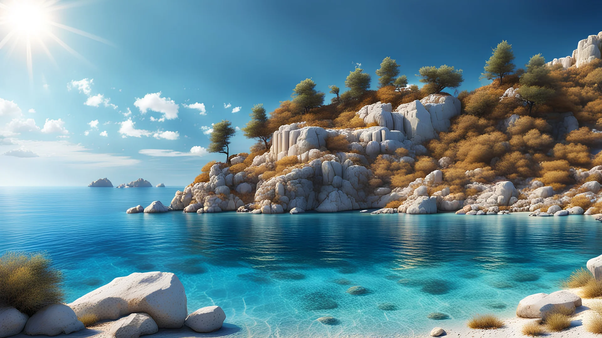 Breathtaking noon Greek island scenery landscape, crystal azure waters, sunny sky, pine trees ,rocky beach,highly detailed, cinematic, 16k,