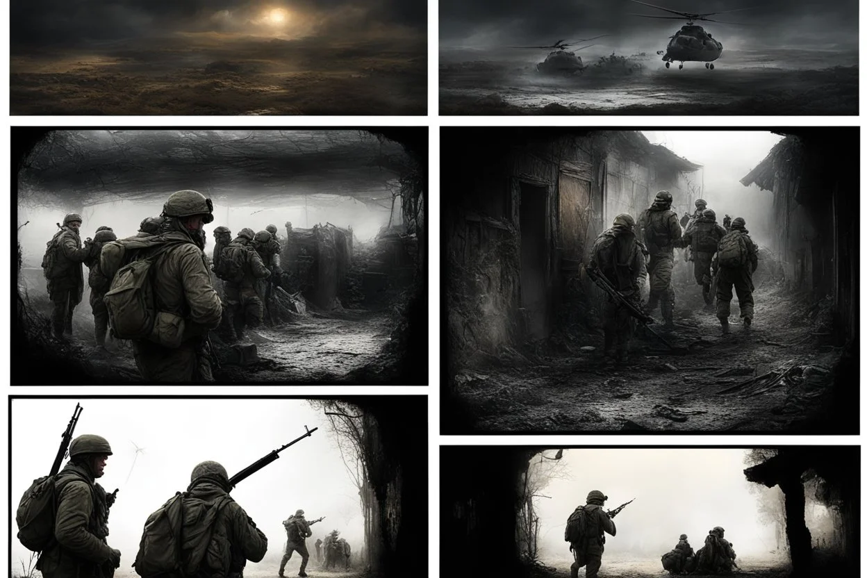 Masterpiece1:5)(Fineart), (award-winning:1.5), highest quality, (ultra realism:1.5) war journalism(,(by Tim Page and Hoorst Faas:1.5)),(Eastern Ukraine:(panel one:the moment after a battle ends, horrors of war, wounded men),(2nd panel, cinematic shot of men sitting in trench with 1000 yard stare (focus on their eyes:1.5)),(the third panel shows troops tired but hyper alert), (the fourth panel shows the sky is filled with incessant, fire and smoke everywhere,)