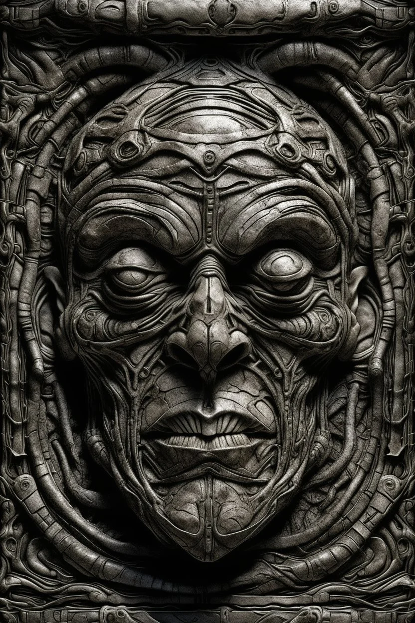 sculpture of dark side of a king face . Multiple faces . decayed and rotting with grotesque proportions and imagery. abstract grotesqueries, detailed texture, surreal horror, biomechanical design, by hr giger and beksinski