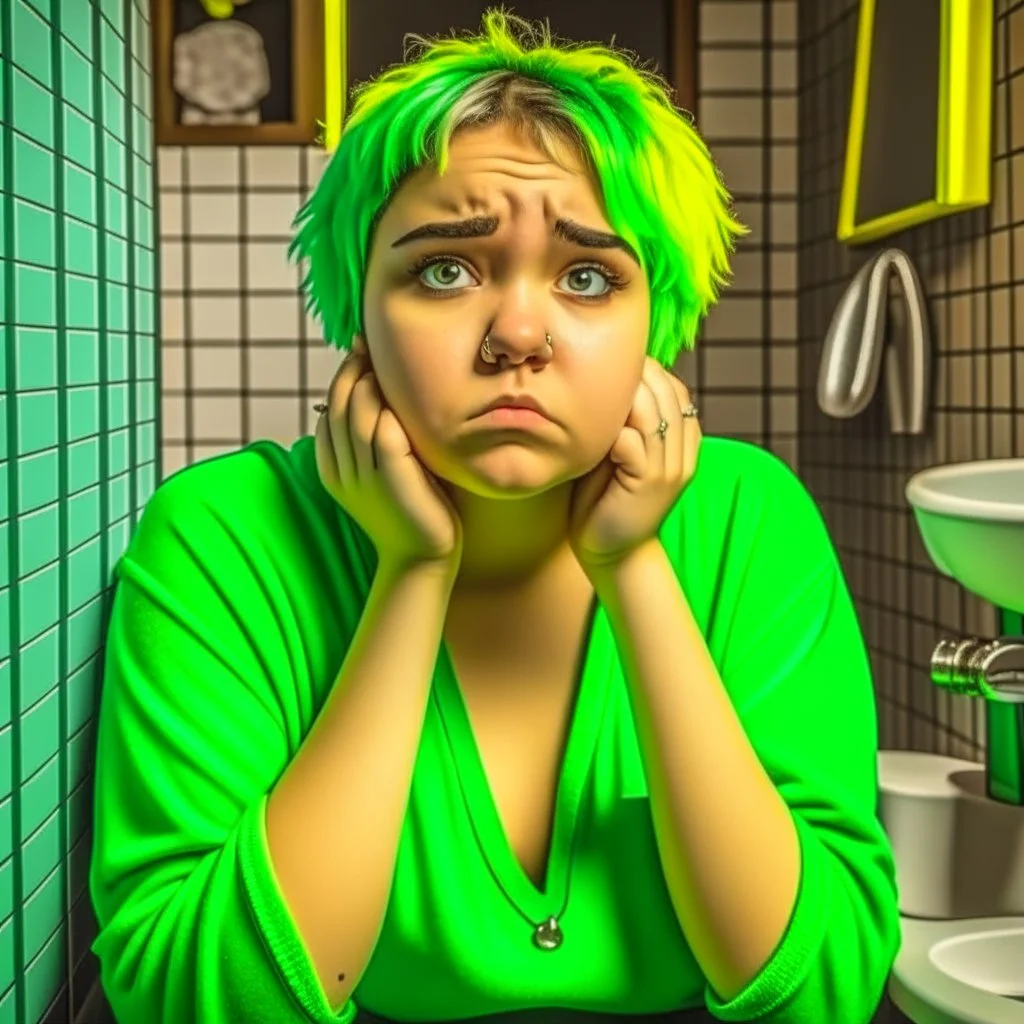 12 years old plus size girl, in the bathroom,necklace,looks exhausted, green short hair, colorful clothes, low cut,childish