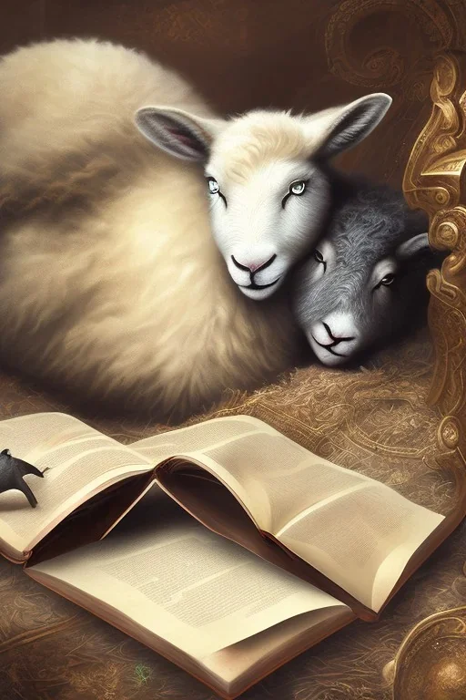 one black sheep reads a book on other site white sheep herd sleep