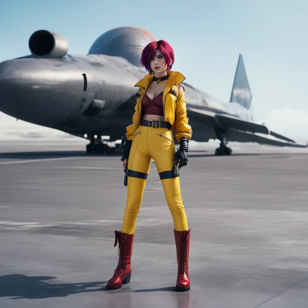 high res cinematic photo by Hajime Yatate: Faye Valentine, clad in her iconic outfit (a yellow short and a yellow latex crop top, under a red bubble sleeveless jacket), stands on the tarmac of Aeropuerto on Asteroid Tijuana with leather boots. She points her trusty gun. Amidst noise and dust swirling around the starship, Faye's violet hair is an 80s update of the flapper Bob, reflecting the tech beauty of the alien spaceport.