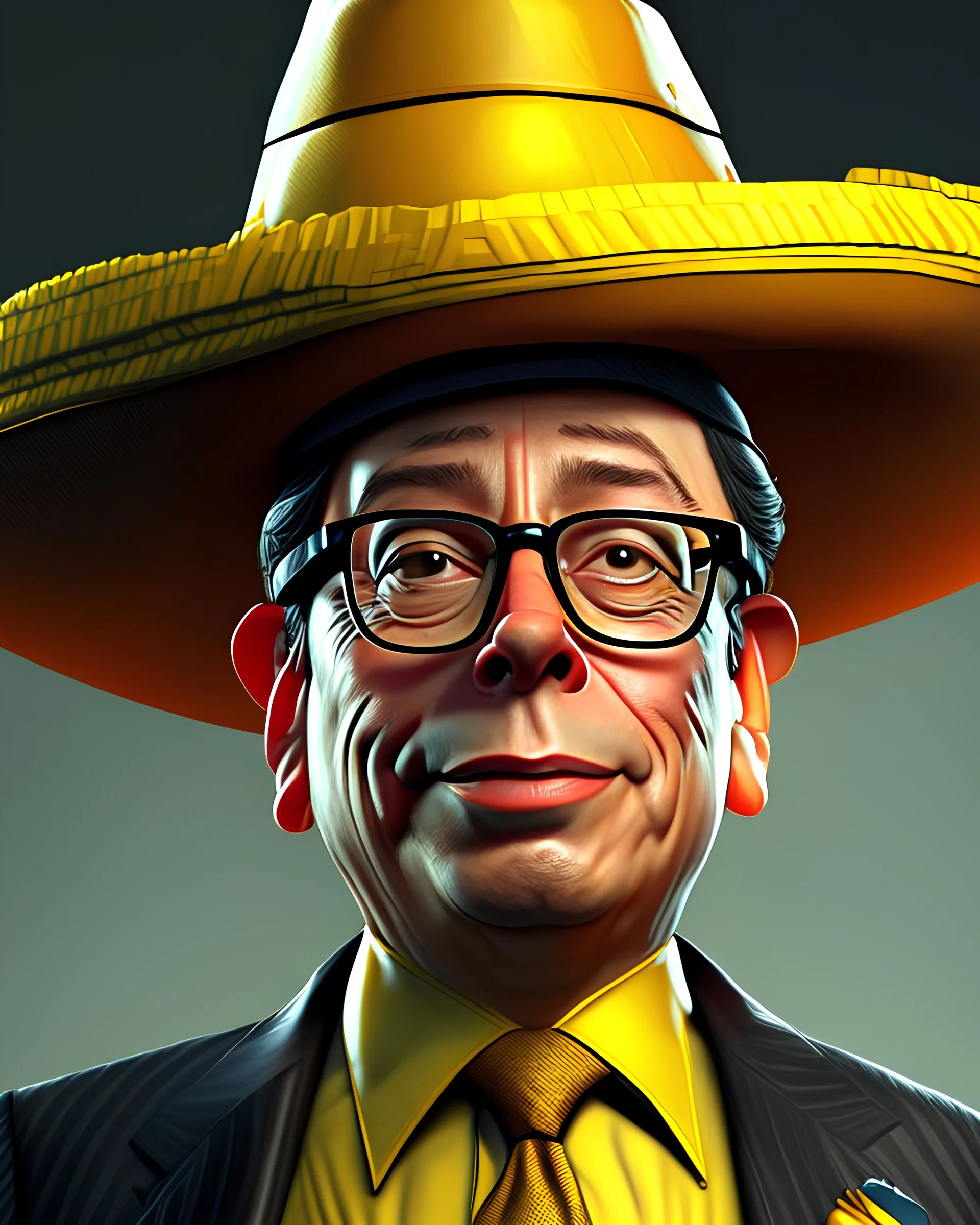 Arte de dibujo animado del presidente Gustavo Petro sombrero típico colombiano cuerpo completo vista frontal completa hiperdetallado 8k