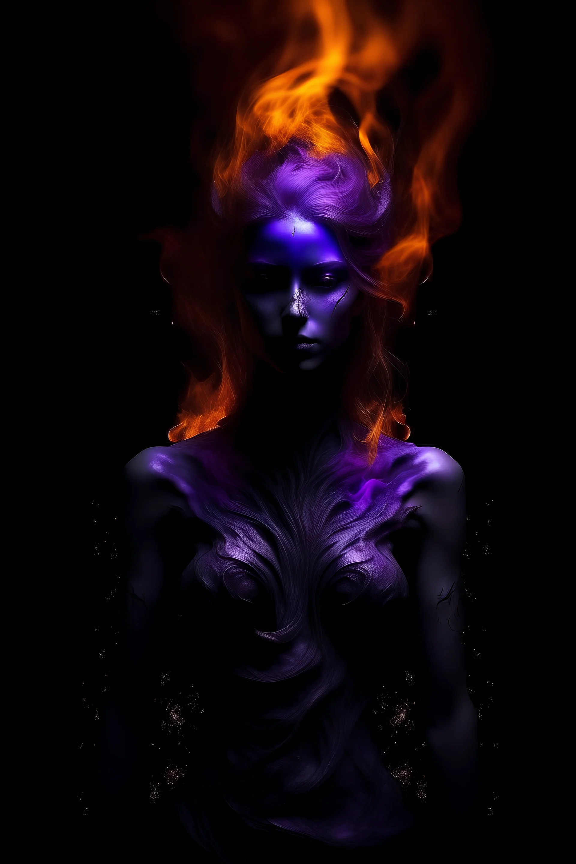 aschatria, female spirit, purple, ablazed in flames and fire, darkness, black