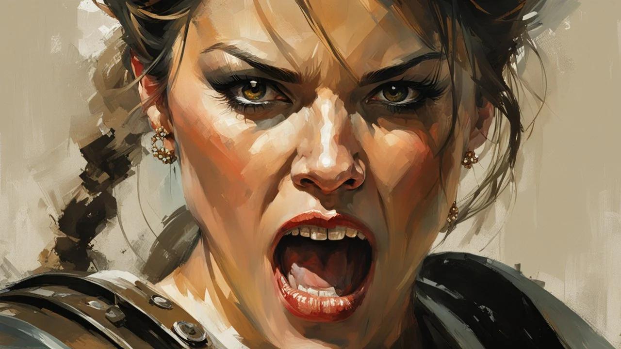 portrait of a Woman Warrior, angry, screaming, hand Fist :: Robert McGinnis + Jeremy Mann + Karn Griffiths, clear contours, clear lines, detail, fine rendering, high resolution, 64K, photorealism, precise focus,