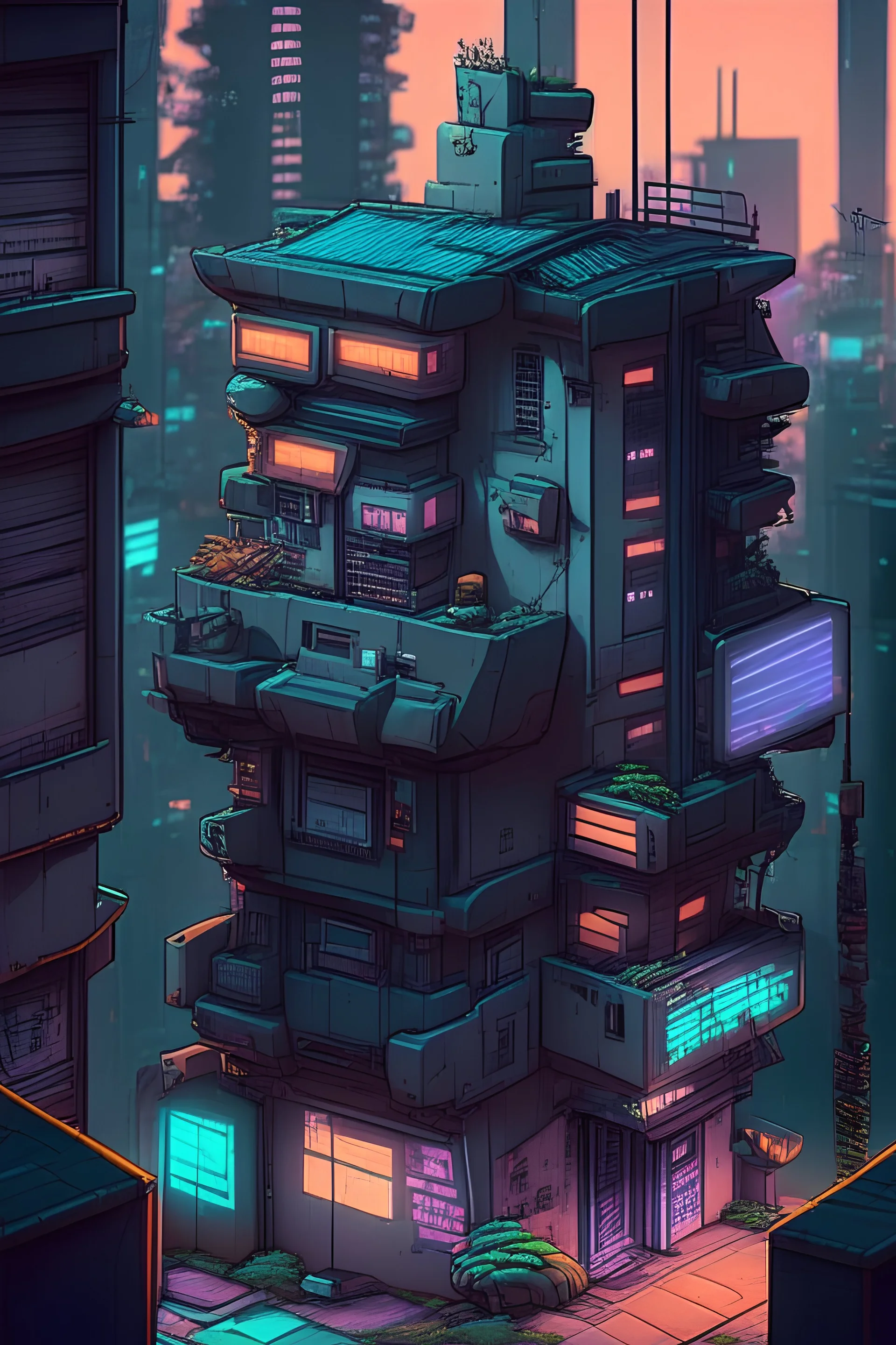 simcity style in game asset house anime cyberpunk style