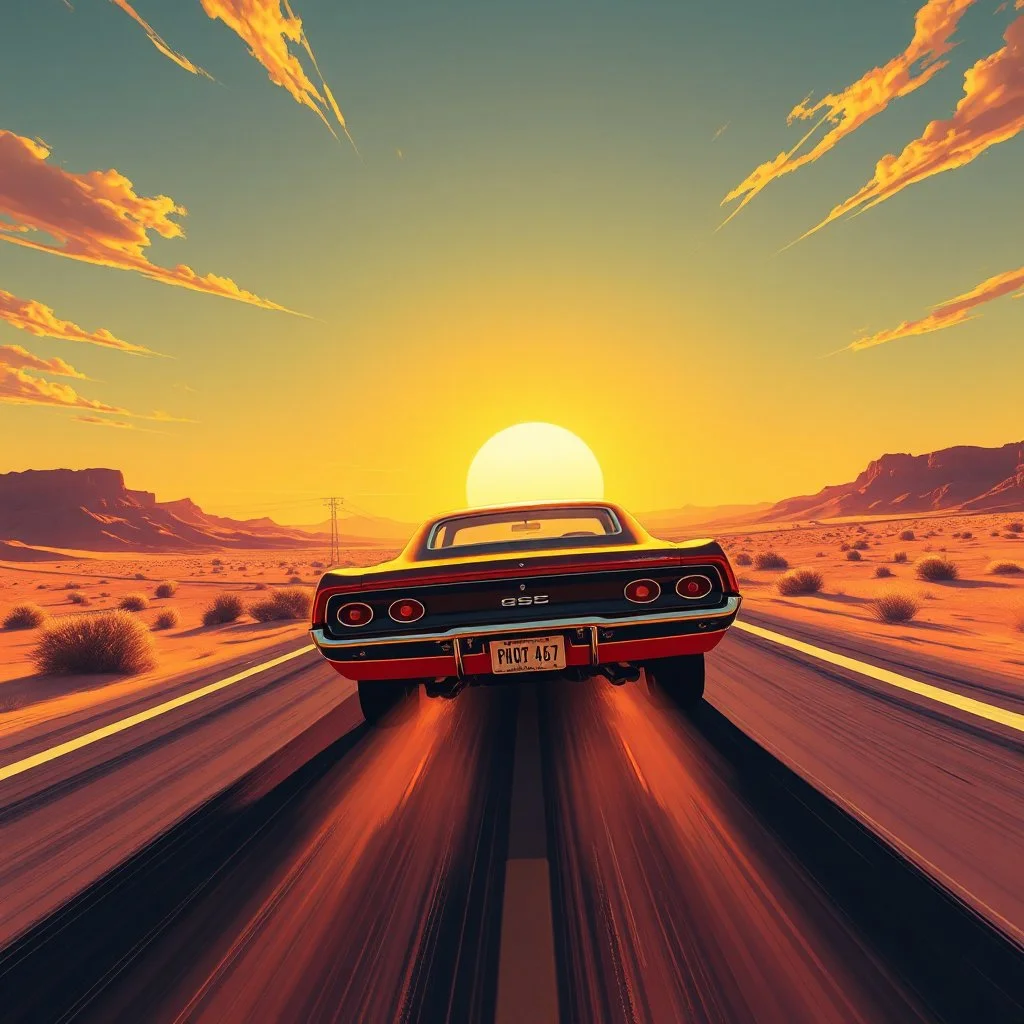 golden age of comics, dramatic angle rear view of a super muscle car driving down a desert highway toward a brilliant sun, dynamic composition, artistic, vaporwave