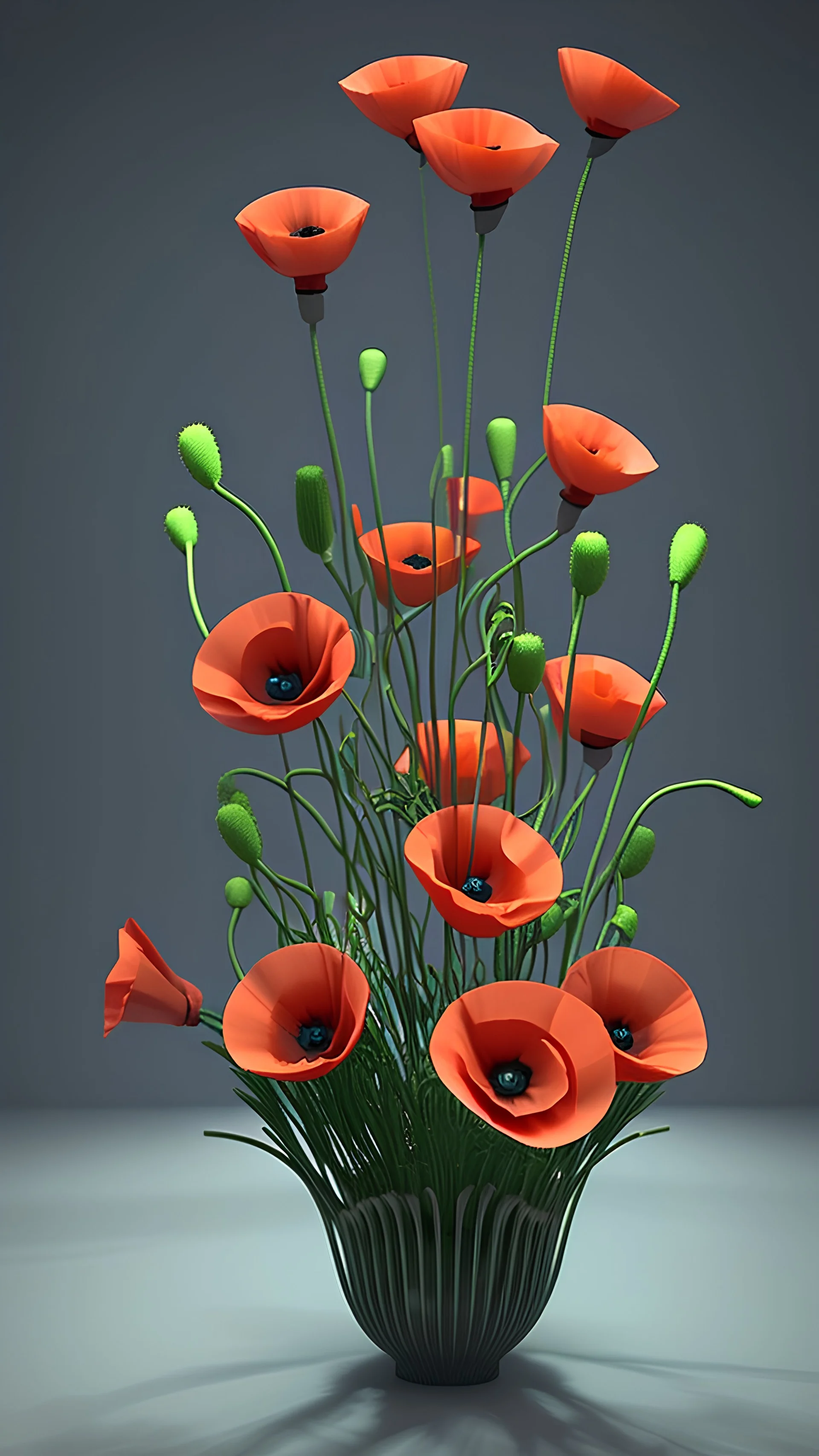 Viele Mohnblumen in einer Vase im 3D-Look, dunkler Hintergund,