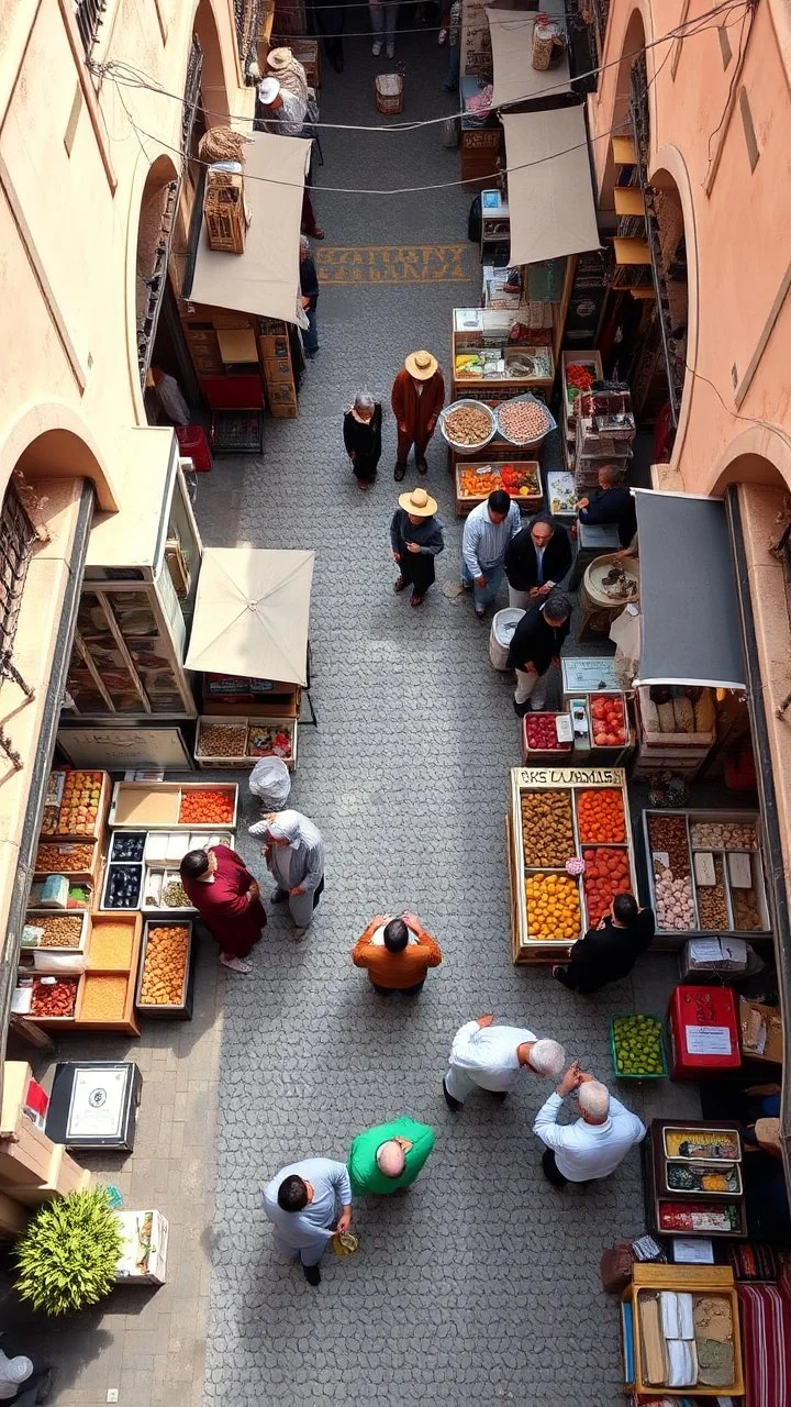 a top view of a public market in Morocco showing people sailing food and outlet requirements