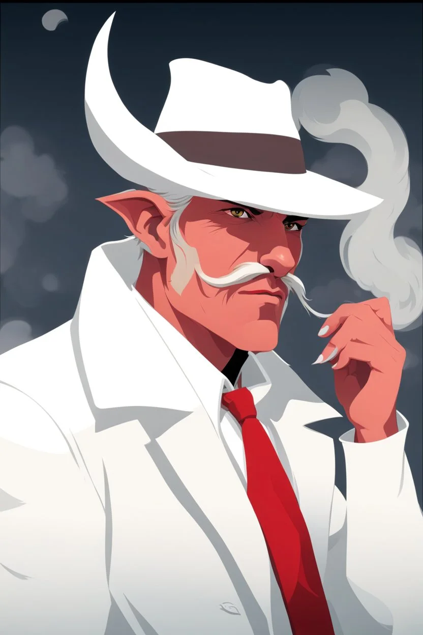 An old male crimson red tiefling wearing a white, he has a white mustache.