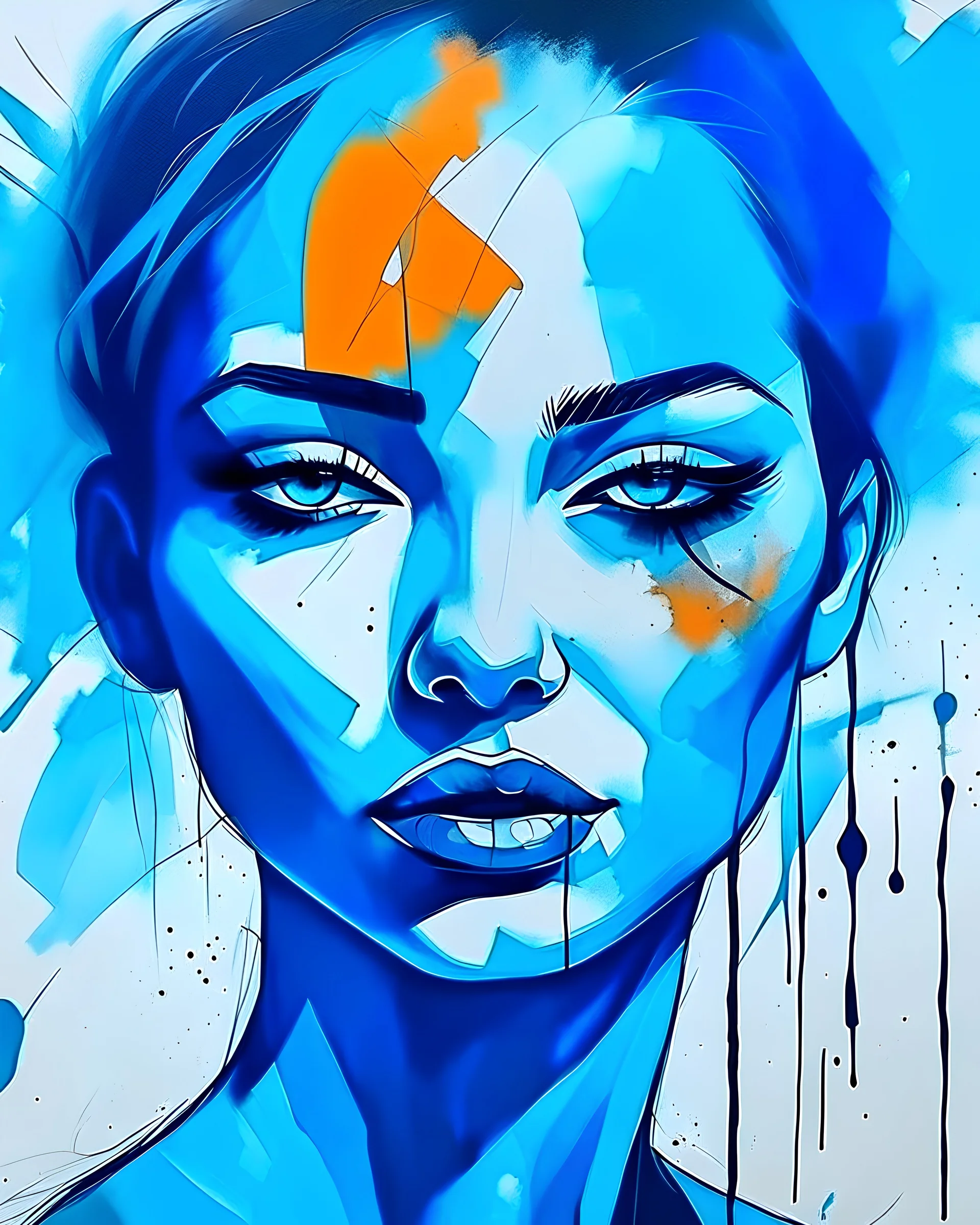 Blue and Bronze Acrylic Painting Draw Abstract Female Face figure