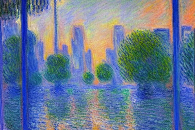 City near trees, sci-fi, Photography, hyperrealism, hd, claude monet imretrowave painting