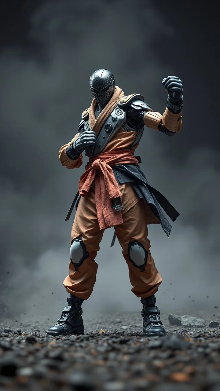 A centering dynamic view action showcasing the fusion of figma and Neumorphic elements, depicting a fully fantasy of a boxer, Its intricate mechanisms are driven by interlocking robes and complex fabrics casual outfit embedded throughout its massive figma frame. Stance on black mechtech battlefields abandone Dojo. no camera