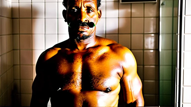 portrait photo of stocky marocan with moustache 40 years old under the shower, manly chest, big tights, in a old bathroom, misery and poverty, photorealism, 35mm lens, ultra detailed