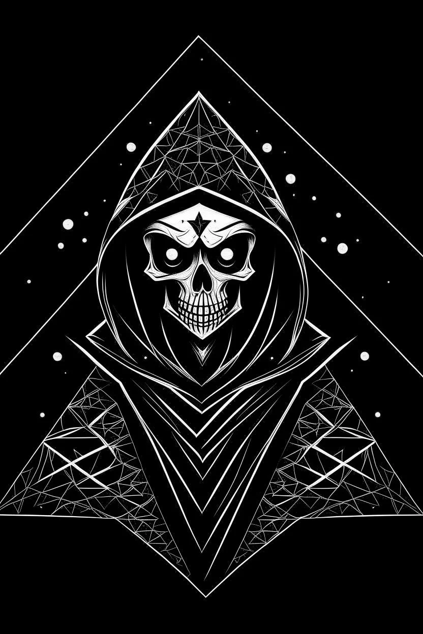 tim burton skeleton in a black hooded cloak drawn in a retro mascot style, inside a diamond shape on a black background, monochromatic