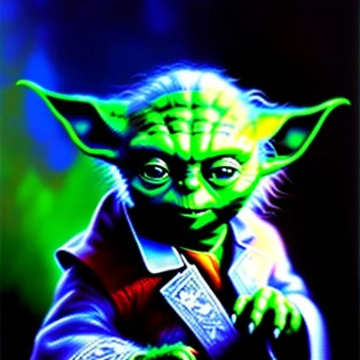 Dibujo al oleo de Yoda pintado con muchas nubes de colores estilo Vincent van Gogh 8k