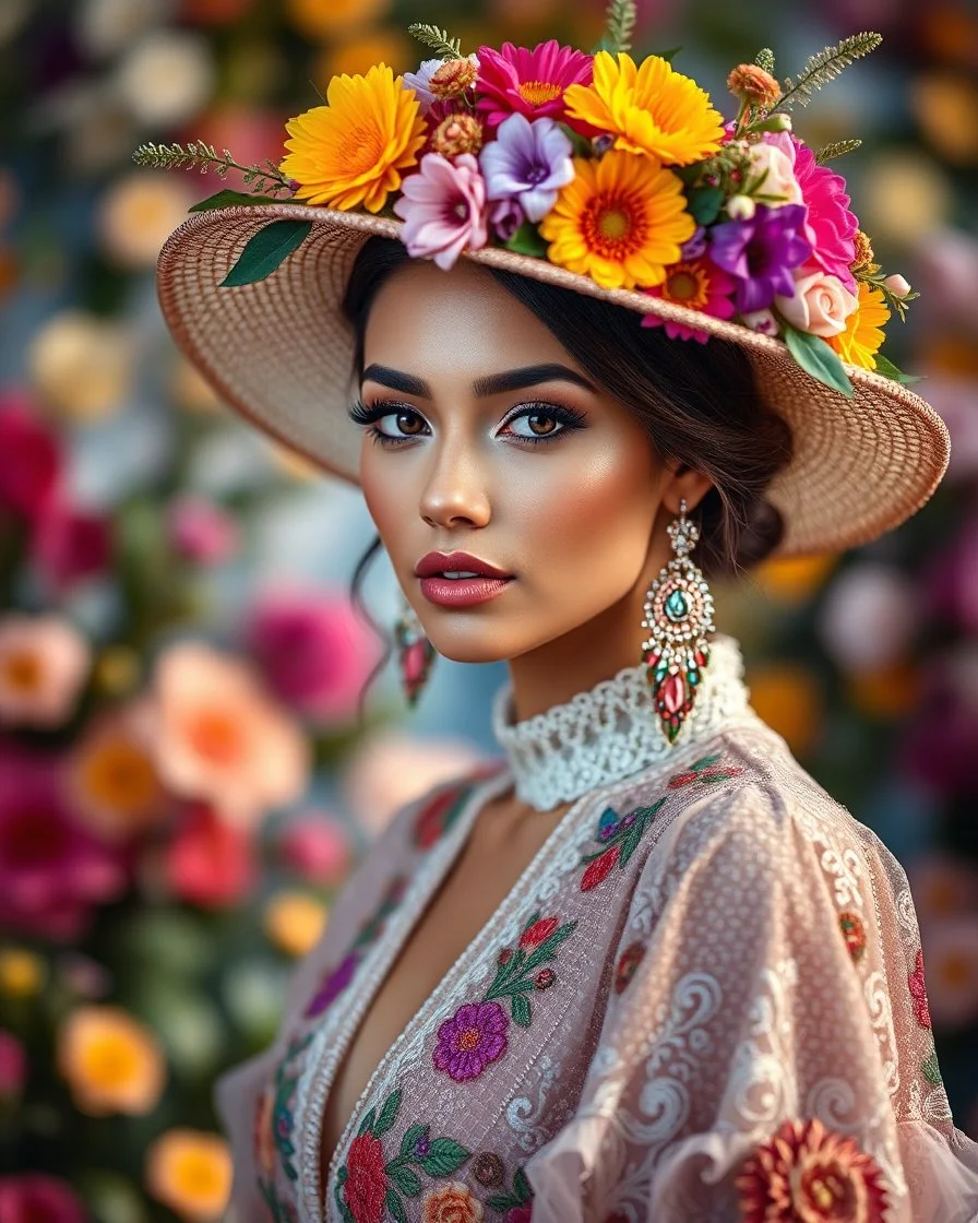 supermodel beauty make up, adorned hat with colorful flowers ,luxurious dress colorfull bohemian, background floristry, diamond dust, fluff, bokeh, filigree, ornate,photography, high resolution, high details,photoshoot shoot Lensbaby Velvet 56mm, f1.6, Sony A7IV