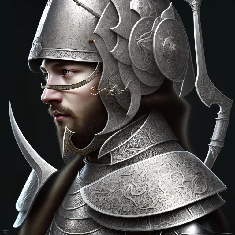 Sango fantasy, fantasy magic, intricate, sharp focus, illustration, highly detailed, digital painting, concept art, matte, art germ and Paul Lewin and Kehinde Wiley, Medieval Arab knight, wearing a silver helmet engraved with Arabic motifs, black eye, chin