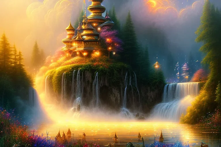 golden waterfall falling from clouds from heaven on meadow, hyper detailed, digital painting, elegant, centered, detailed, neon signs, 8k, shining, heaven, many happy people, dampf,