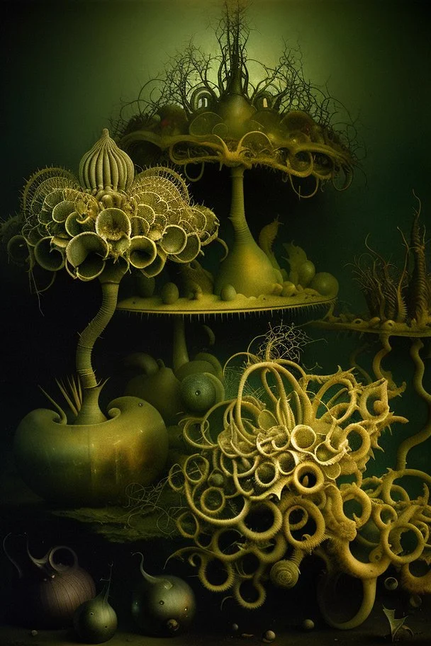 A daguerreotype-style close-up image of a surreal background inspired by Hieronymus Bosch and Max Ernst, featuring twisted organic forms, decaying botanical elements, and strange vegetal growths that seem to pulse with unnatural life. The entire scene is bathed in soft, ambient lighting that creates an otherworldly atmosphere, with areas of deep shadow contrasting against the pale, spectral glow of the figures.