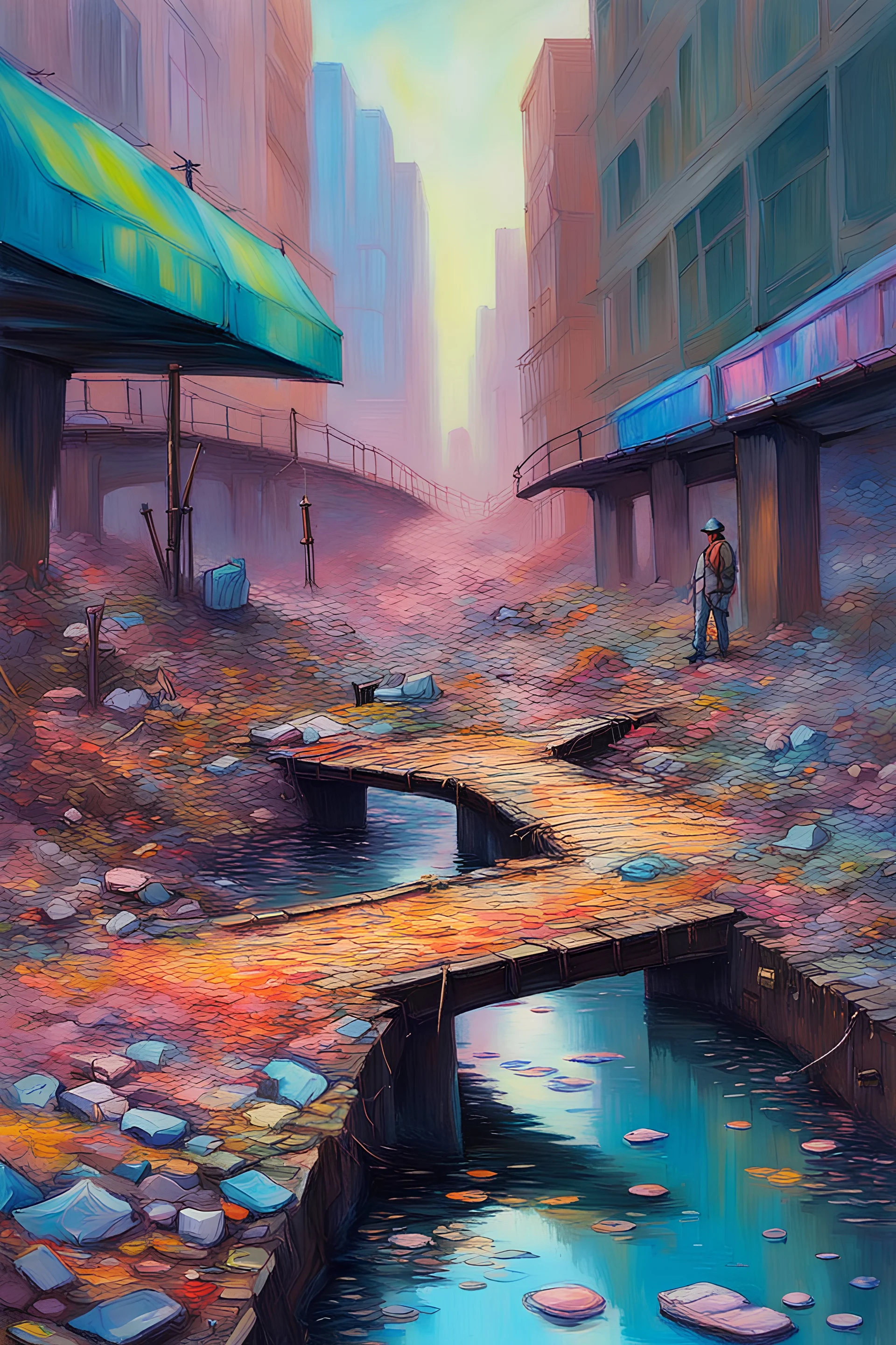 painting of a cyberpunk colourful natural walkway rubbish on the street in the city with pollution and a small bridge by a creek by monet and replicant dreams