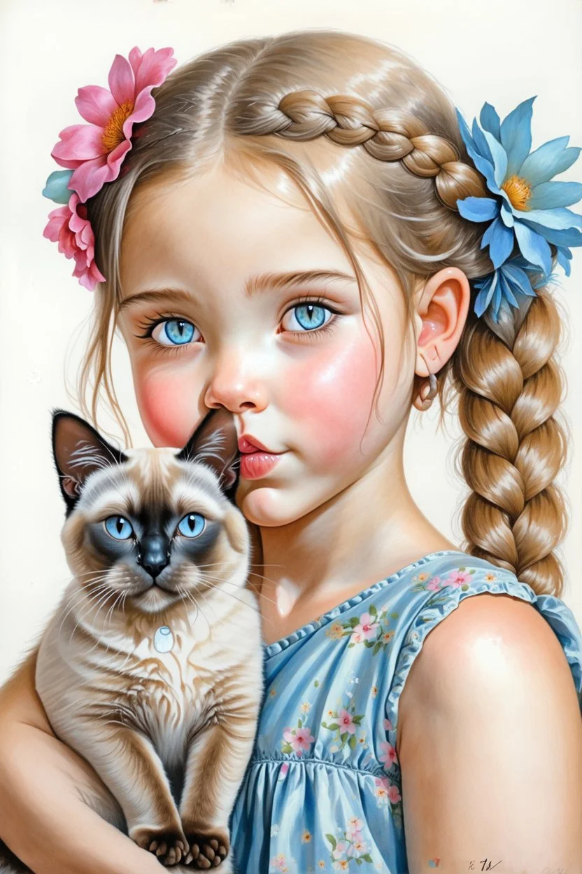 beautiful little girl making a kissing face, hair in messy braids with flowers, with a Siamese cat kissing her cheek, very amber eyes, white background, soft lighting, high detail, hyperrealistic, charcoal drawing, art in the style of Lilia Alvarado, Artgerm, and Greg Rutkowski.