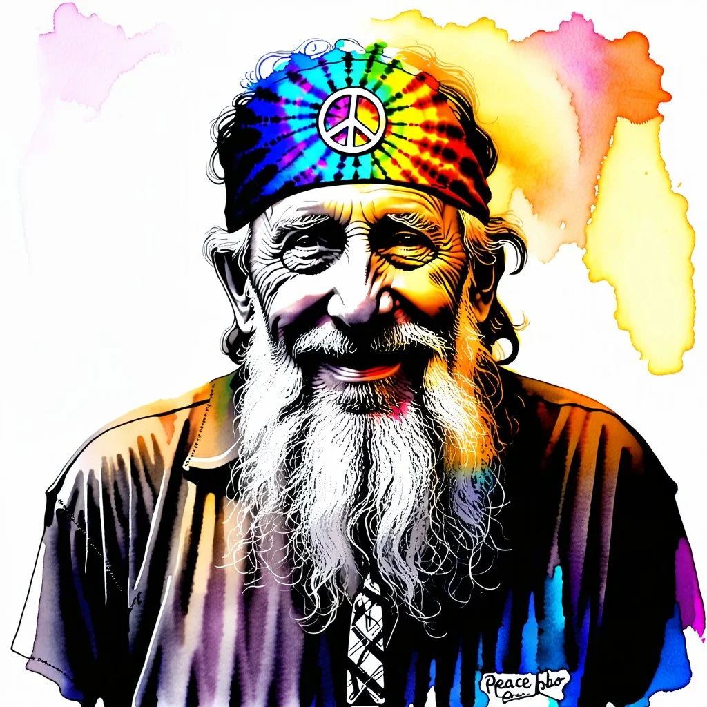 A dreamy watercolor painting showcases an elderly man with a long, flowing white beard and warm, kind eyes, radiating the spirit of an old hippie. He stands centered, wearing a tie-dyed headband with a “peace symbol” prominently displayed, his face subtly layered with a double exposure revealing a blurred, vibrant stage performance, hinting at a lifetime immersed in music. Soft, diffused light illuminates his gentle smile and highlights the intricate details of his weathered face, casting a warm
