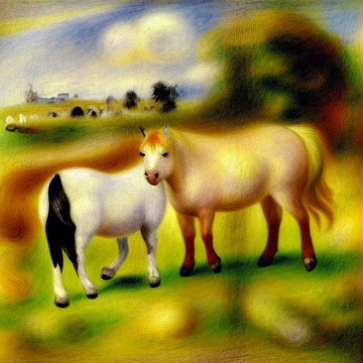 shetland pony, fence, field, oil painting, by Renoir, summer daytime