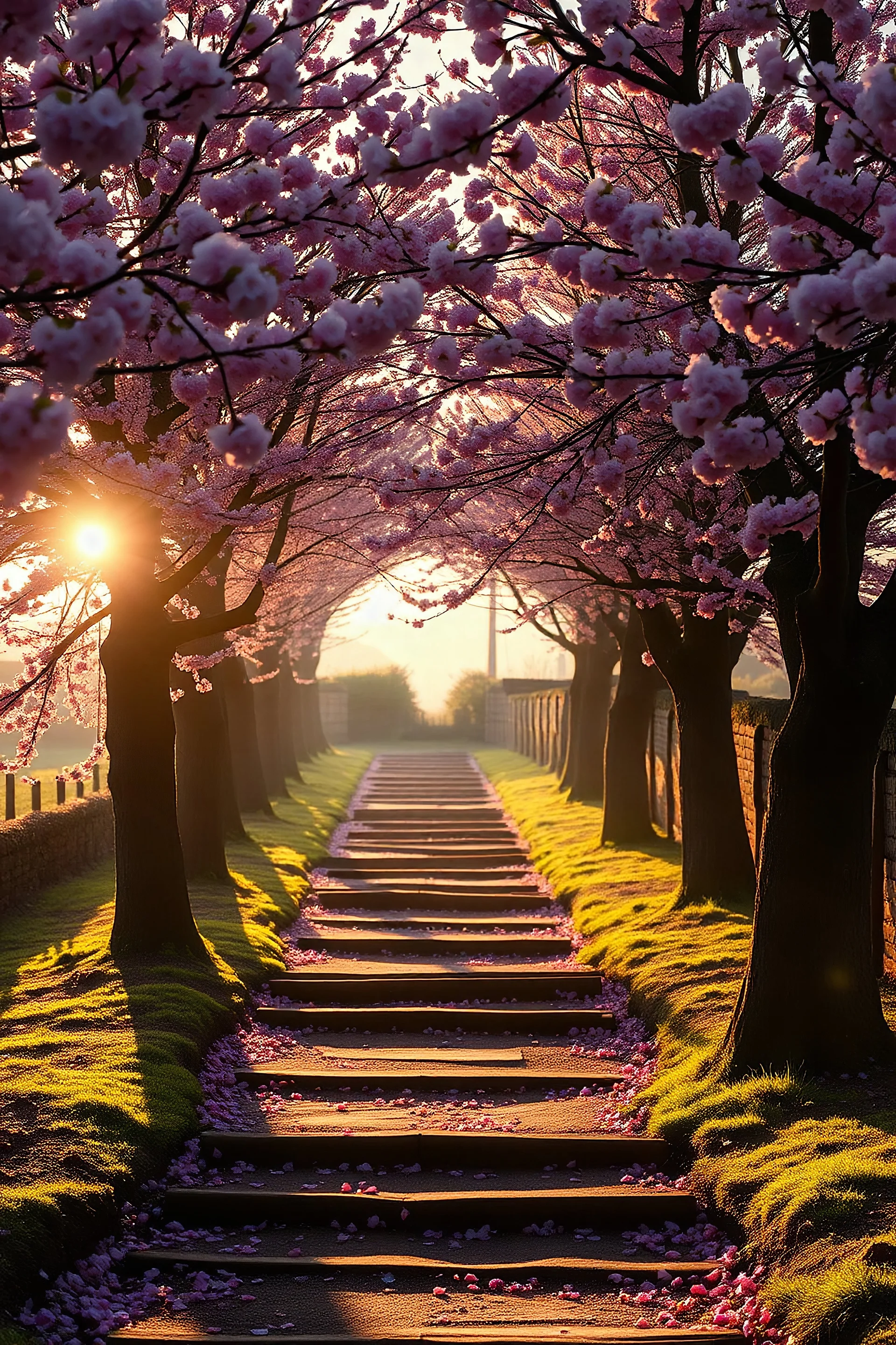 A photorealistic image of some country steps in the English countryside at dawn. Lined on both sides by mature trees bursting with colorful cherry blossoms. The soft light of dawn casts a warm glow on the scene, highlighting the delicate petals of the blossoms and creating long, dramatic shadow